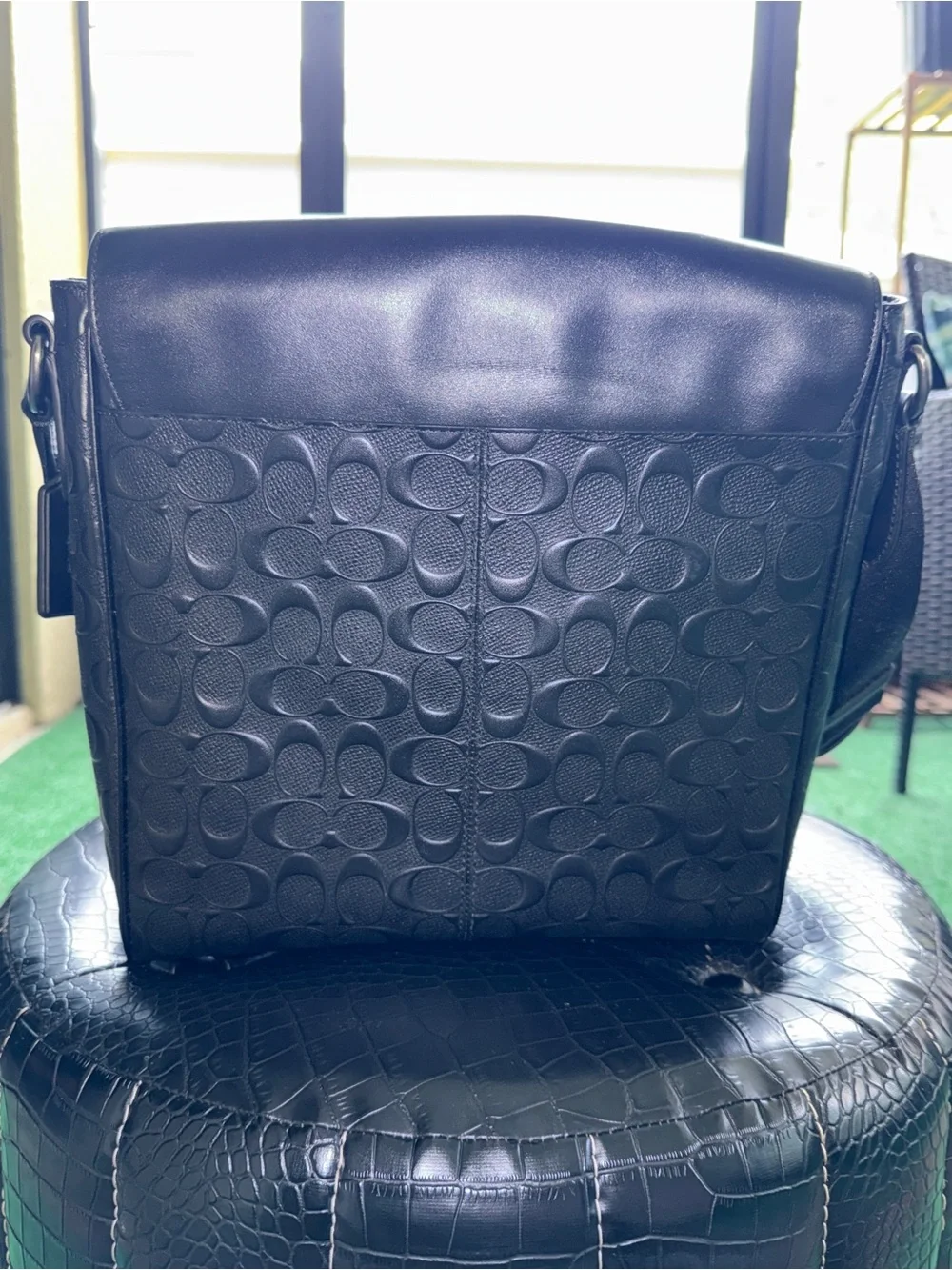 Coach Black Debossed Leather Signature-Trim Messenger Flight Bag Crossbody